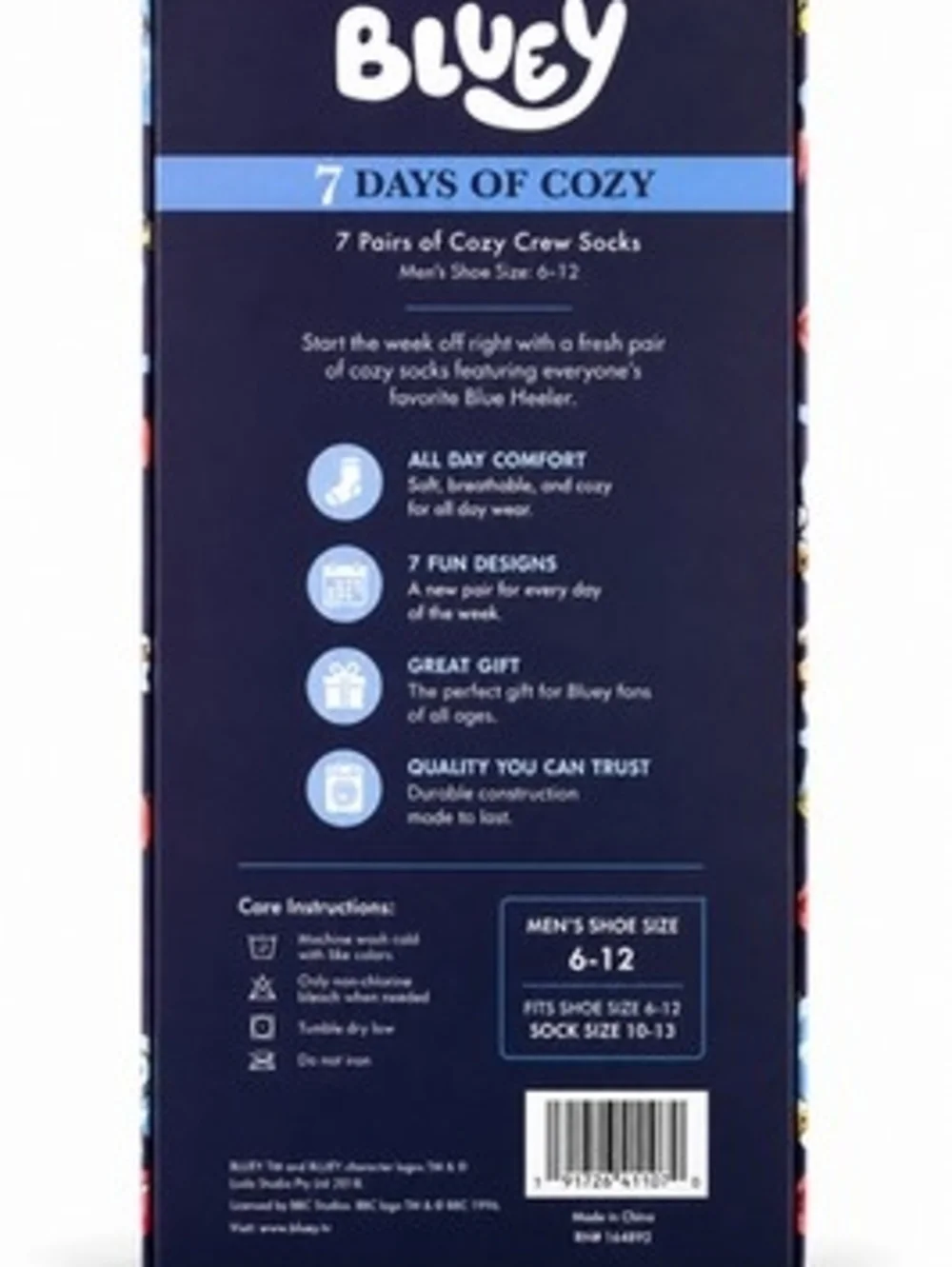 Bluey Men's 7-Pack Cozy Crew Socks - Multi-Color Size 6-12